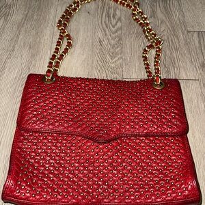 Rebecca Minkoff Quilted Studded Affair Red Leather Chain Crossbody Shoulder Bag